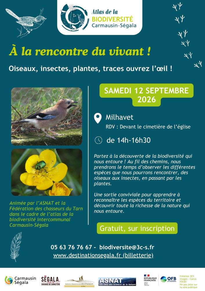 Samedi 12 septembre 2026 : Sortie A la rencontre du vivant (oiseaux, insctes, plantes...) avec l'Association tarnaise des Sciences Naturelles - Milhavet de 14h à 16h30