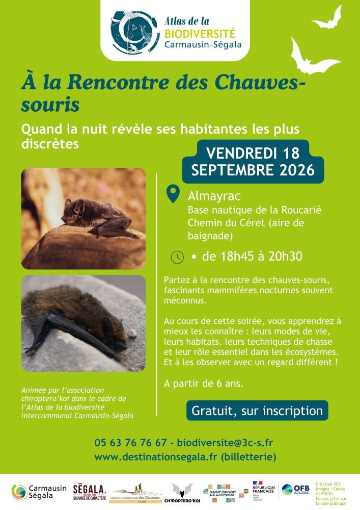 Vendredi 18 septembre 2026 : A la rencontre d'un mammifère mystérieux, la chauve-souris - Lac de la Roucarié, Almayrac de 18h45 à 20h30