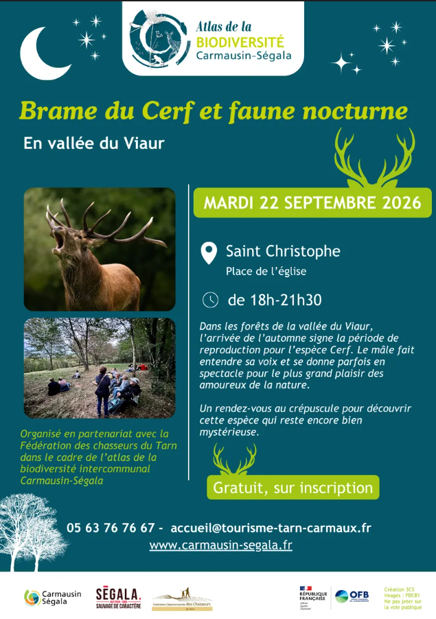 Mardi 22 septembre 2026 : Soirée Brame du cerf en vallée du Viaur - Saint-Christophe de 18h à 21h30
