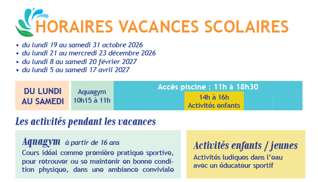 Planning des activités Aquaforme vacances scolaires 2026-2027
