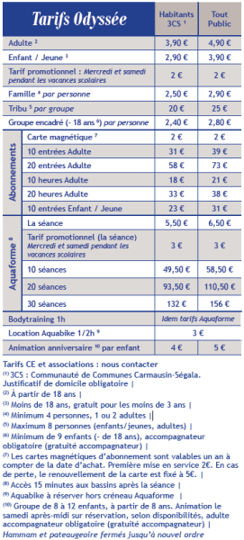 Grille tarifaire - L'Odyssée